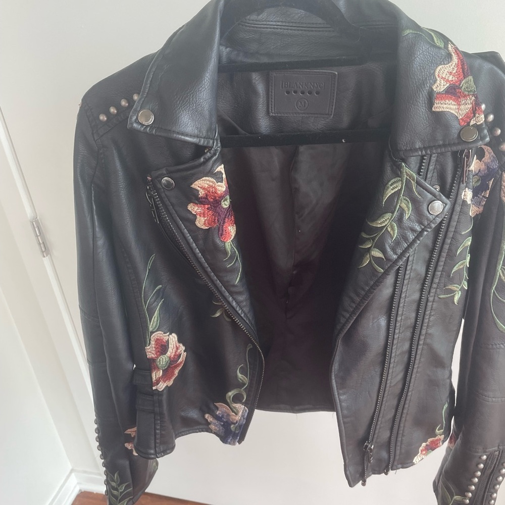 blank NYC black and floral studded leather jacket